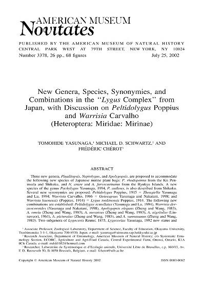 New genera, species, synonymies, and combinations in the "Lygus complex" from Japan : with discussion on Peltidolygus Poppius and Warrisia Carvalho (Heteroptera, Miridae, Mirinae)Mirini from Japan