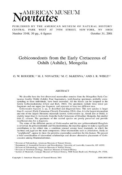 Gobiconodonts from the early Cretaceous of Oshih (Ashile), MongoliaEarly Cretaceous Gobiconodonts