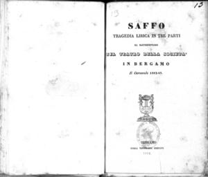 Saffo : tragedia lirica in tre parti da rappresentarsi nel Teatro della Società in Bergamo il carnovale 1842-43