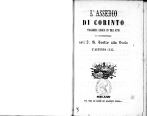 L'Assedio di Corinto : Tragedia lirica in tre atti, da rappresentarsi nell'I.R. Teatro alla Scala l'autunno 1853