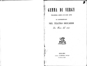 Gemma di Vergy : tragedia lirica in due atti, da rappresentarsi nel Teatro Riccardi la Fiera del 1845