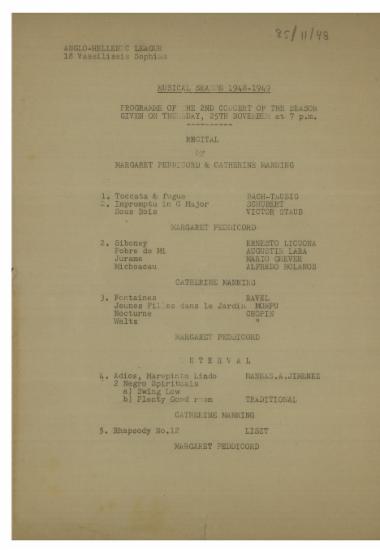 Programme of the 2nd concert of the season (1948-1949) : recital by Margaret Peddicord & Catherine Manning