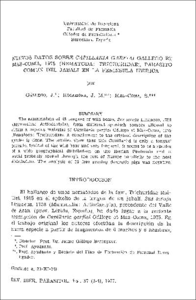 Nuevos datos sobre capillaria garfiai Gallego et Mas-Coma, 1975 (nematoda: trichuridae), parásito común del jabalí en la Península Ibérica