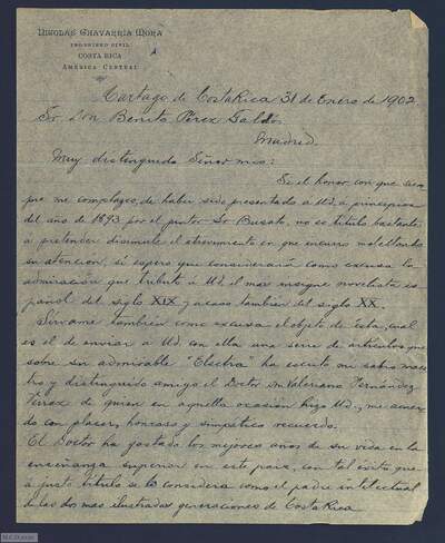 [Letter from Nicolás Chavarría Mora to Benito Pérez Galdós (January 31, 1902, Costa Rica)]