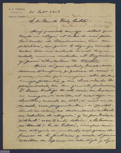 [Carta de V. Fernández Ferraz a Benito Pérez Galdós (26 de septiembre de 1902, Costa Rica)]