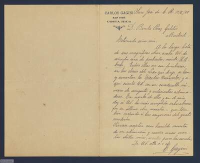 [Letter from Carlos Gagini to Benito Pérez Galdós (19 February 1898, Costa Rica)]