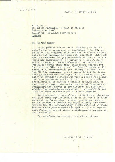 Copia de la carta de José María Otero Navascués a Emilio Navasqüés y Ruiz de Velasco