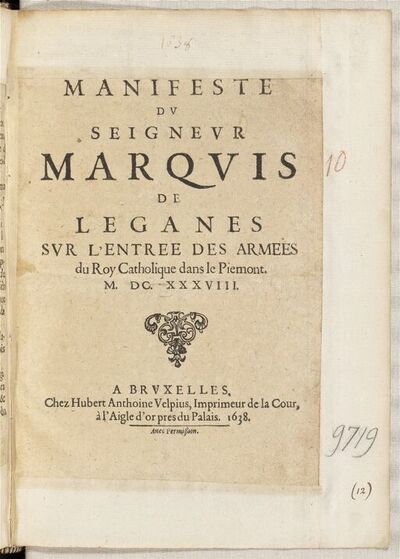 Manifesto of the Marquis of Leganès on the entry of the armies of the Catholic Roy into Piedmont... [Palestre, 25 May 1638]
