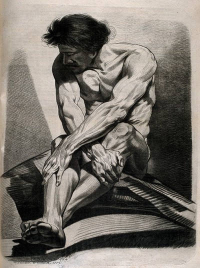 A seated male nude, with arms and legs crossed. Crayon