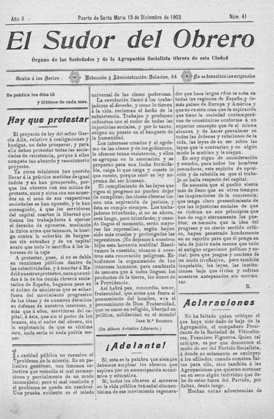 El sudor del obrero : Órgano de las Sociedades y de la Agrupación Socialista Obrera de esta Ciudad: Año II Número 41 - 1903 diciembre 15