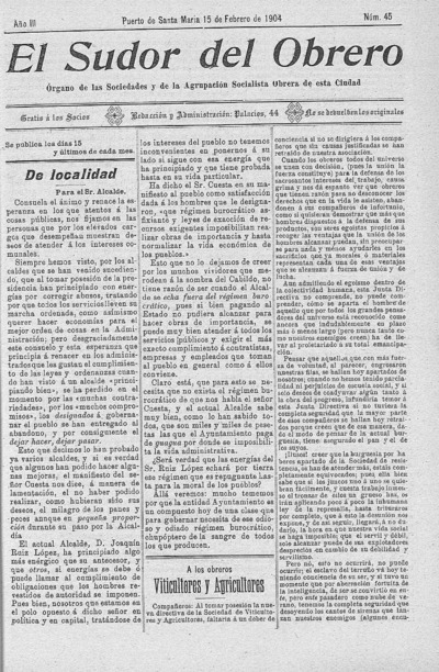 El sudor del obrero : Órgano de las Sociedades y de la Agrupación Socialista Obrera de esta Ciudad: Año III Número 45 - 1904 febrero 15
