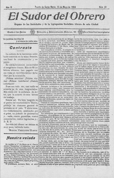 El sudor del obrero : Órgano de las Sociedades y de la Agrupación Socialista Obrera de esta Ciudad: Año III Número 51 - 1904 mayo 15