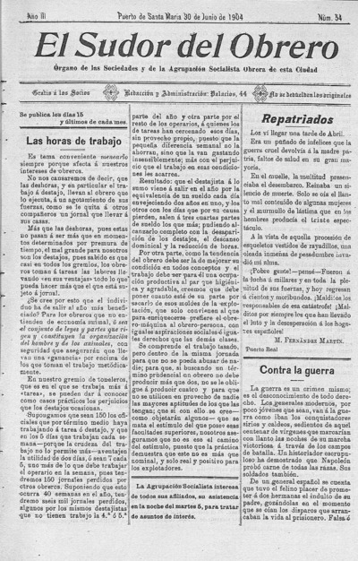 El sudor del obrero : Órgano de las Sociedades y de la Agrupación Socialista Obrera de esta Ciudad: Año III Número 54 - 1904 junio 30