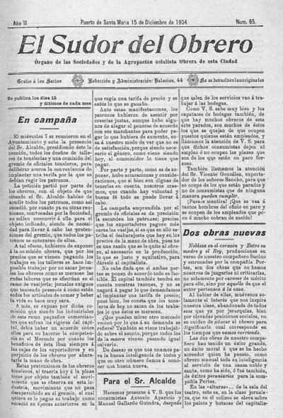 El sudor del obrero : Órgano de las Sociedades y de la Agrupación Socialista Obrera de esta Ciudad: Año III Número 65 - 1904 noviembre 15