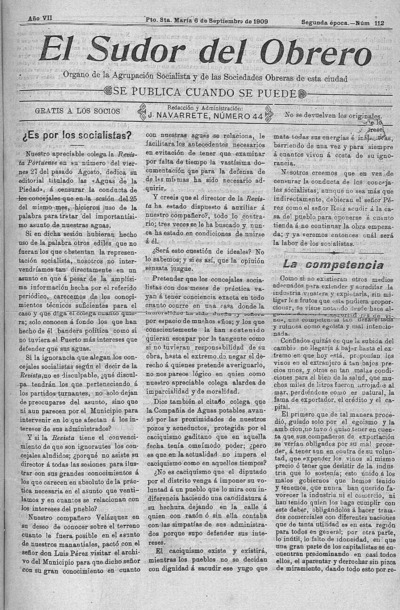 The sweat of the worker: Organ of the Societies and the Workers' Socialist Group of this City: Year VII Issue 112 Epoca Second epoch - 1909 September 6