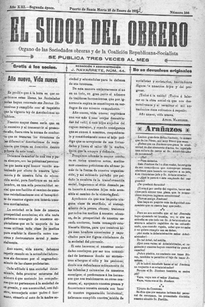 The sweat of the worker: Organ of the Societies and the Workers' Socialist Group of this City: Year XIII Issue 166 Epoca Second epoch - 1912 January 18
