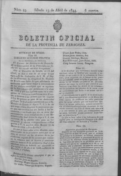 Boletín Oficial De La Provincia De Zaragoza: Número 45 - 1844 Abril 13 ...