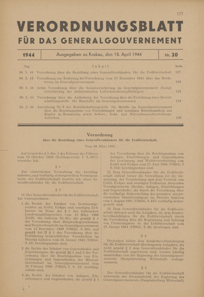 Verordnungsblatt für das Generalgouvernement. 1944, Nr. 20 (18 April