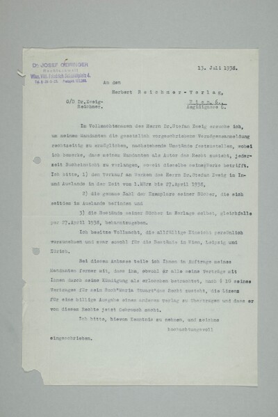 Brief An Den Herbert Reichner Verlag Vom 13. Juli 1938, Sz-aap B1.260 