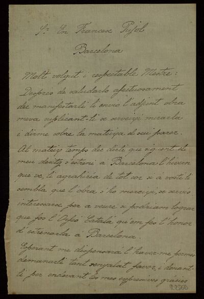 Carta de Josep Passolas a Francesc Pujol. Centre de Documentació de l'Orfeó Català, visionable des d'Europeana