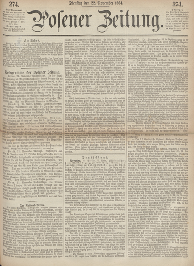 Posener Zeitung. 1864, [№] 274 (22 November) + dod. | Europeana