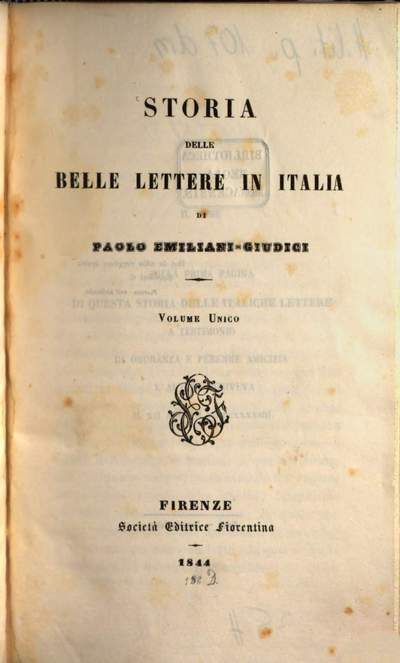 1855 STORIA DELLA LETTERATURA ITALIANA 2 VOLUMES PAOLO EMILIANI-GIUDICI  FIRENZE