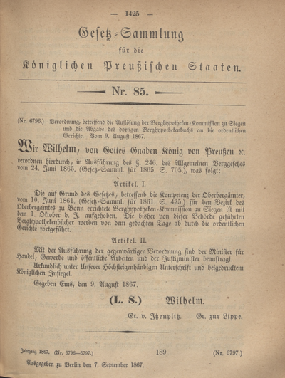 Gesetz-Sammlung Für Die Königlichen Preußischen Staaten. 1867, Nr. 85 ...