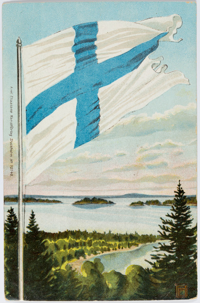 Suomi-neito seisoo kalliolla ja kohottaa siniristilippua | Europeana