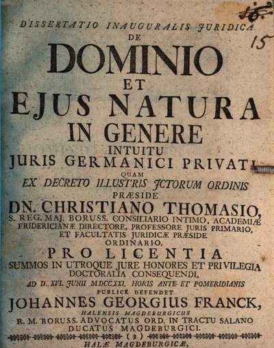 Dissertatio Inauguralis Juridica De Dominio Et Ejus Natura In Genere  Intuitu Juris Germanici Privati | Europeana