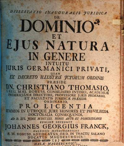 Dissertatio Inauguralis Juridica De Dominio Et Ejus Natura In Genere  Intuitu Juris Germanici Privati | Europeana