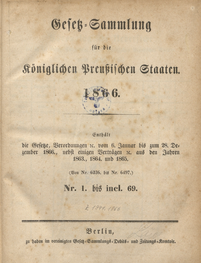 GesetzSammlung für die Königlichen Preußischen Staaten. 1866, Spis