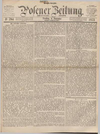 Posener Zeitung. Jg.78 [i.e.82], Nr. 784 (9 November 1875) - Morgen ...