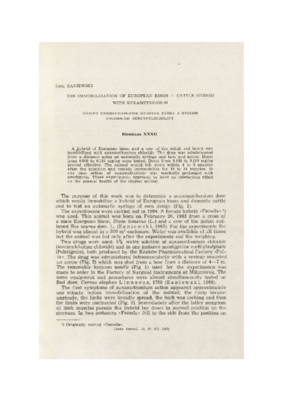 Bisoniana XXXII. The immobilization of European bison X cattle hybrid ...